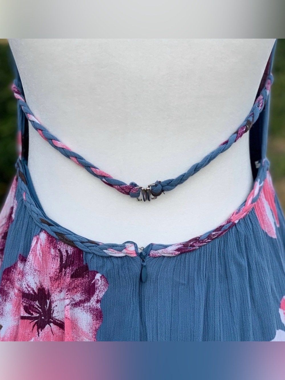 Venus Backless Blue & Pink Hibiscus Tropical Floral Crepe Halter Swing Dress 10 - Picture 4 of 11